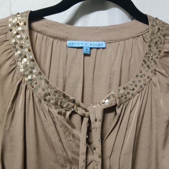 Antonio Melani Silk Blouse Tan Sequin Detail Medium - Picture 6 of 13